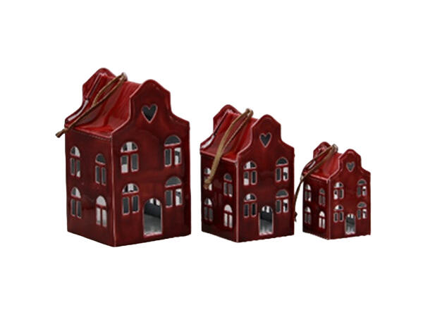 Hus lykt rød emaljert metall 8x8x14cm Til telys og led telys 