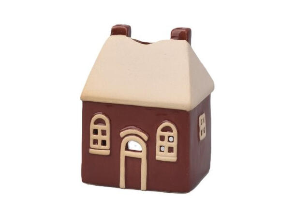 Hus rød keramikk m/hvit 7,4x5,9x9,6 cm Til telys og led telys 