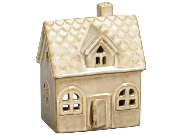 Hus telys antikkbrun keramikk 11x9x13cm 