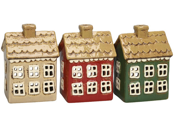 Hus telys keramikk 10x8x14cm 3ass Beige Rød Grønn 