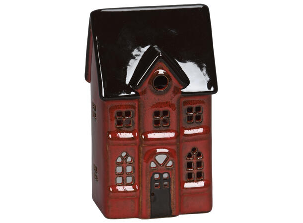 Hus telys keramikk rødt m/brun h:17,5cm 10x7,5x17,5cm 