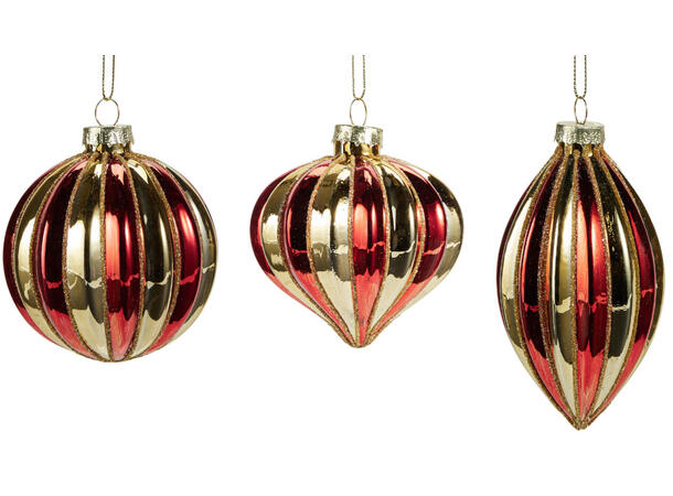 Julekule dråper gull/rød mix 8-11cm 3ass Display 12stk 