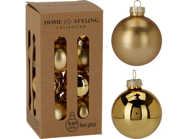 Julekule glass gull 3,5cm 16stk 8 matt + 8 blank i krafteske 