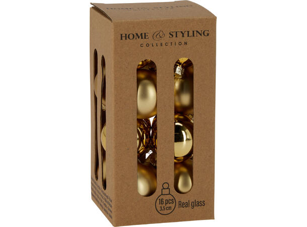 Julekule glass gull 3,5cm 16stk 8 matt + 8 blank i krafteske 