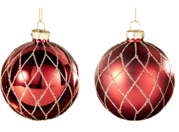 Julekule glass matt rød m/glitter 8cm Display 12stk 