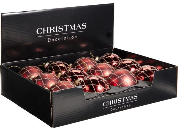 Julekule glass matt rød m/glitter 8cm Display 12stk 