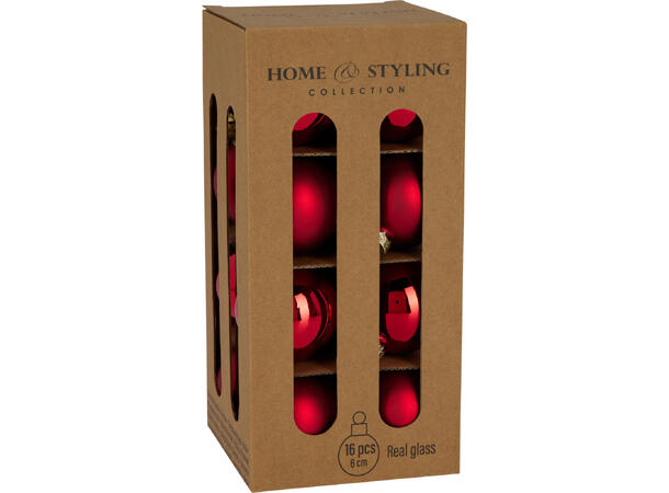 Julekule glass rød 6cm 16stk 8 matt + 8 blank i krafteske 