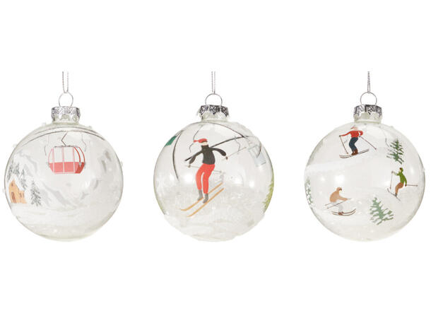 Julekule glass transparent vinter 3ass Display 12stk Sølv topp/snor 8cm 