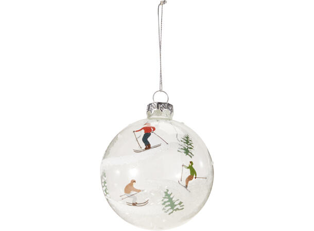 Julekule glass transparent vinter 8cm Display 12stk Sølv topp/snor 