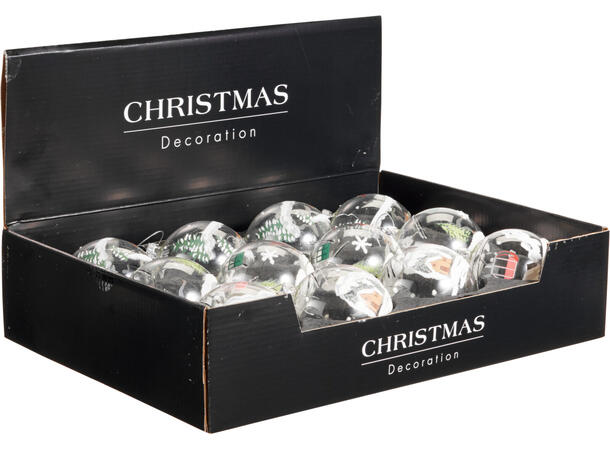 Julekule glass transparent vinter 8cm Display 12stk Sølv topp/snor 