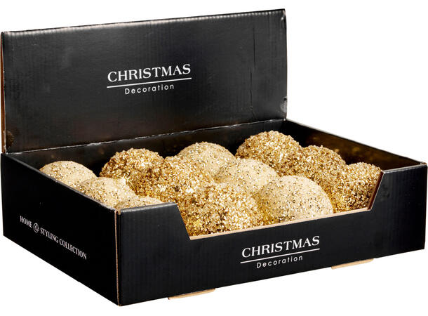 Julekule m/perler gull glass 8cm 2ass Display 12stk 