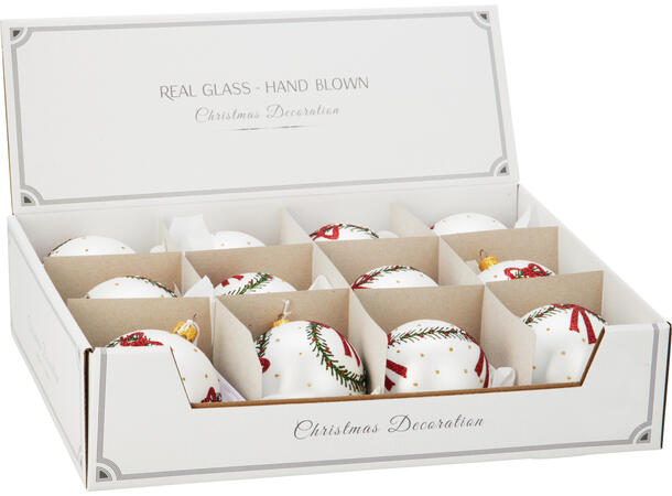 Julekule munnblåst sløyfe 8cm 4ass Display 12stk. Håndlaget i Ukraina 