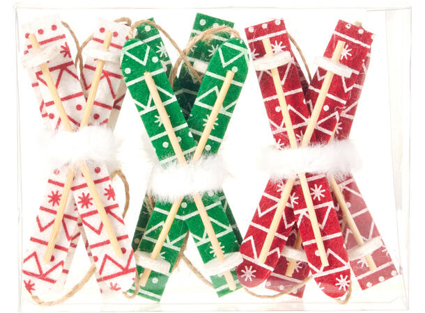 Julepynt Ski hengedekor filt 21cm Grønn/hvit/rød 