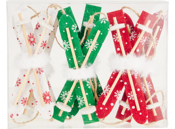 Julepynt Ski hengedekor filt 21cm Grønn/hvit/rød 