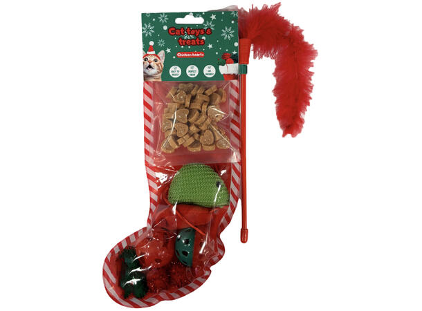 Julestrømpe til katt med leker og snacks 
