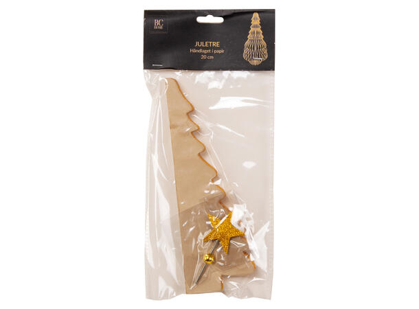 Juletre papir greige m/gull/stjerne 20cm 