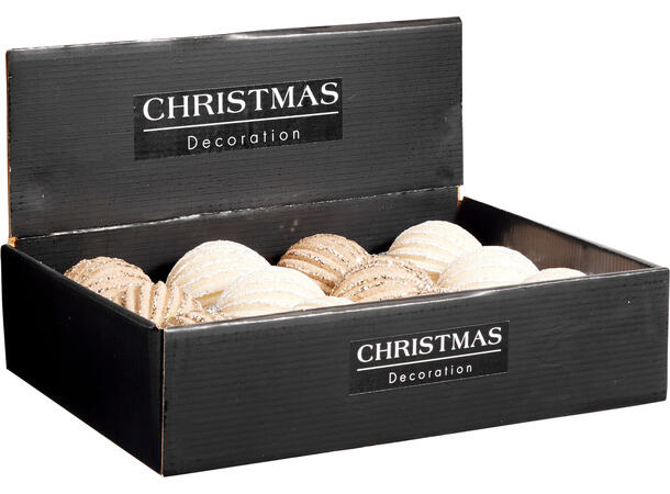 Juletrekule rund krem/beige 8cm 2ass 2 farger med snor 