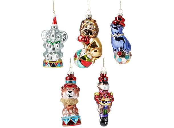 Juletrepynt sirkusdyr glass 11cm 5ass Display 12stk 