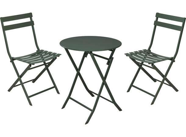 Kafésett grønn metall bord og 2 stoler Bord 60x71cm Stol: 50x42x81cm 