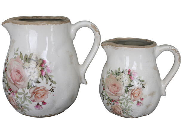 Kanne keramikk beige blomster 16x13x15cm 