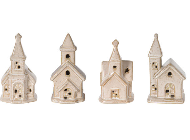 Kirke beige porselen LED h:11cm 4ass Display 12stk Batteri 2xLR44 inkl 