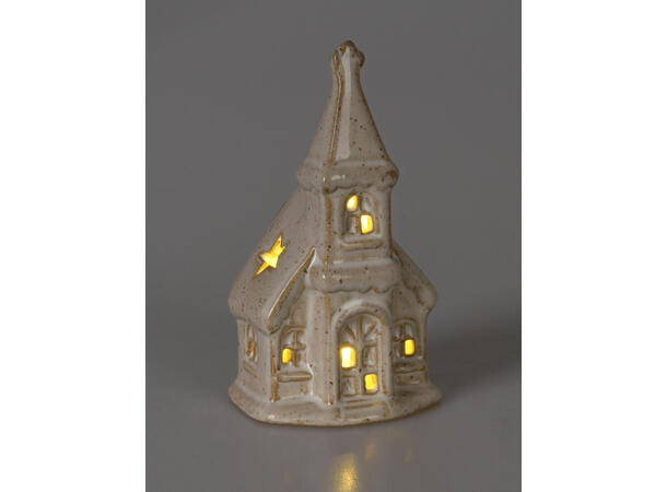 Kirke beige porselen LED h:11cm 4ass Display 12stk Batteri 2xLR44 inkl 