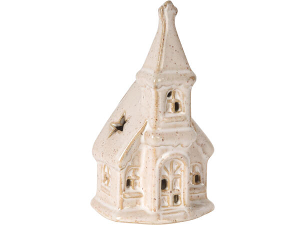 Kirke beige porselen LED h:11cm 4ass Display 12stk Batteri 2xLR44 inkl 