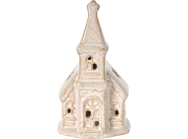 Kirke beige porselen LED h:11cm 4ass Display 12stk Batteri 2xLR44 inkl 