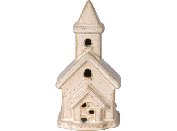 Kirke beige porselen LED h:11cm 4ass Display 12stk Batteri 2xLR44 inkl 