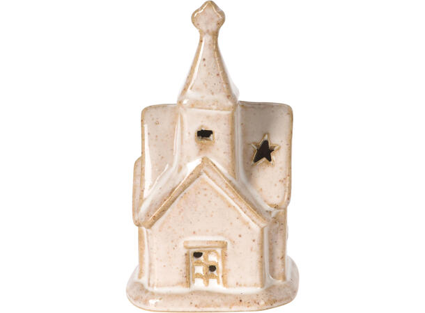 Kirke beige porselen LED h:11cm 4ass Display 12stk Batteri 2xLR44 inkl 