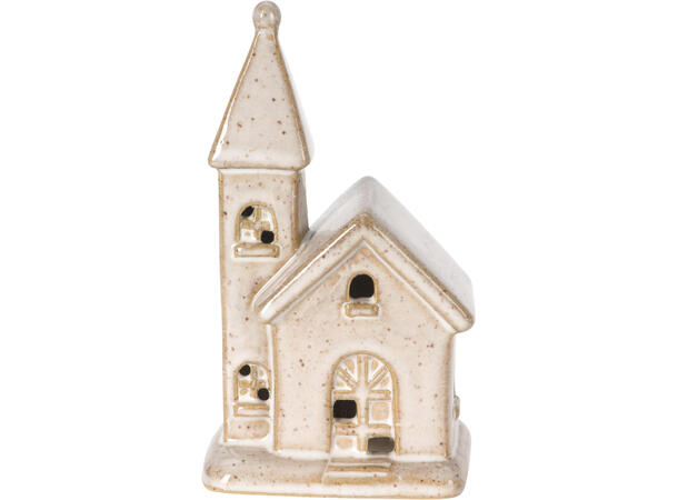 Kirke beige porselen LED h:11cm 4ass Display 12stk Batteri 2xLR44 inkl 