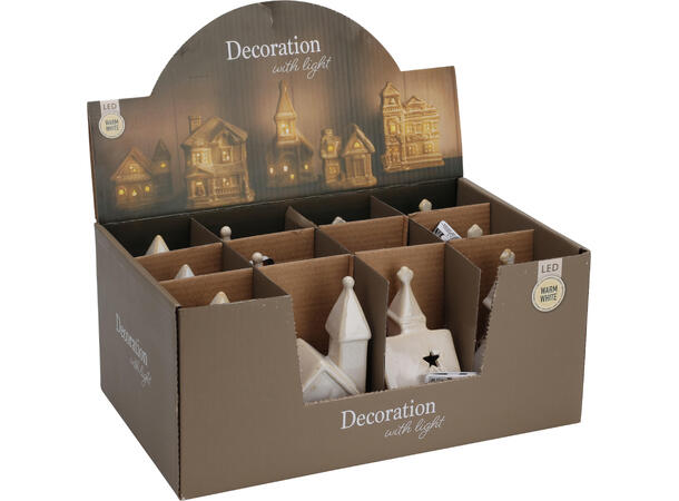 Kirke beige porselen LED h:11cm 4ass Display 12stk Batteri 2xLR44 inkl 