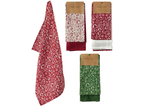 Kjøkkenhåndkle jul bomull 2stk 70x45cm 3ass Rød Grønn Sand 