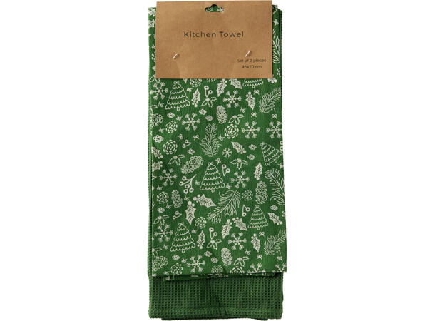 Kjøkkenhåndkle jul bomull 2stk 70x45cm 3ass Rød Grønn Sand 