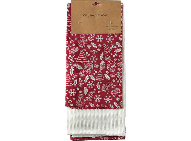 Kjøkkenhåndkle jul bomull 2stk 70x45cm 3ass Rød Grønn Sand 