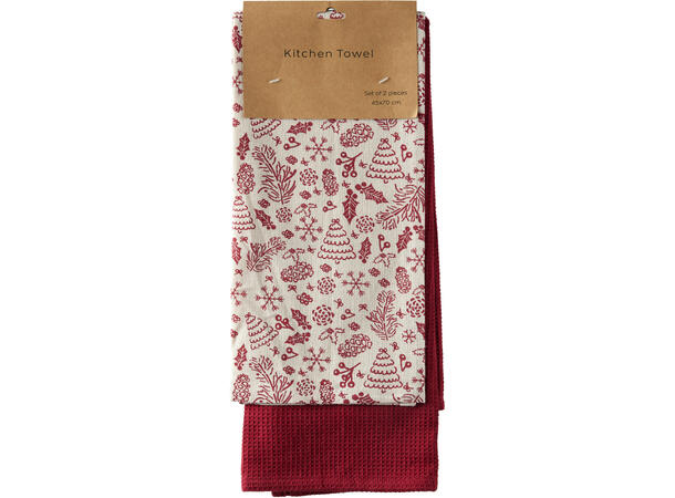 Kjøkkenhåndkle jul bomull 2stk 70x45cm 3ass Rød Grønn Sand 