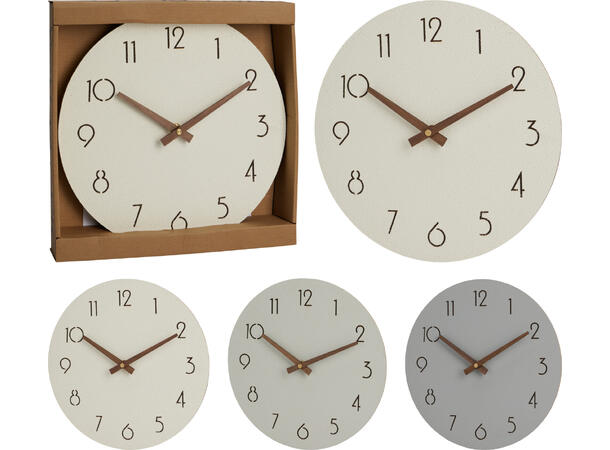 Klokke vegg mdf 28cm 3ass krem, sand,grå Batteri: 1xAA ikke inkl 