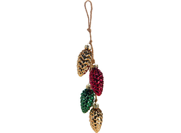 Kongler glass mix 6,5cm m/tau 28cm 4stk Display 24pk m/stk Grønn/gull/rød 