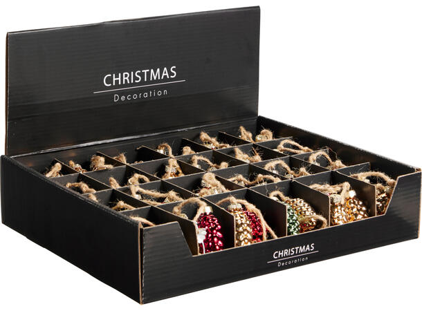 Kongler glass mix 6,5cm m/tau 28cm 4stk Display 24pk m/stk Grønn/gull/rød 