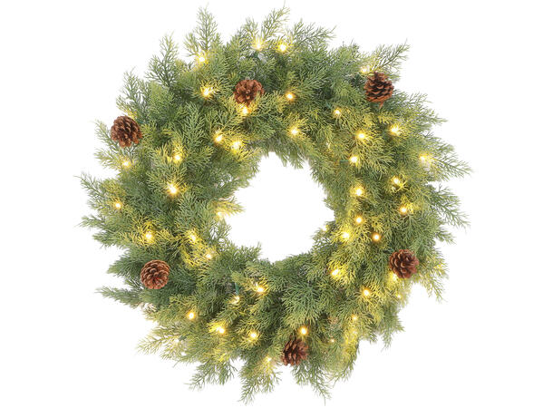 Krans grønn m/kongler LED 60x60cm Varm hvit Timer 3xAA 