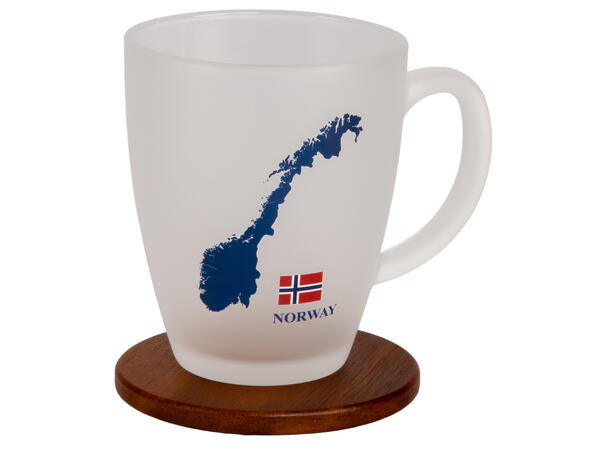 Krus frostet glass m/coaster Norge 10cm 12x9x10cm. Glassbrikke i bambustre 