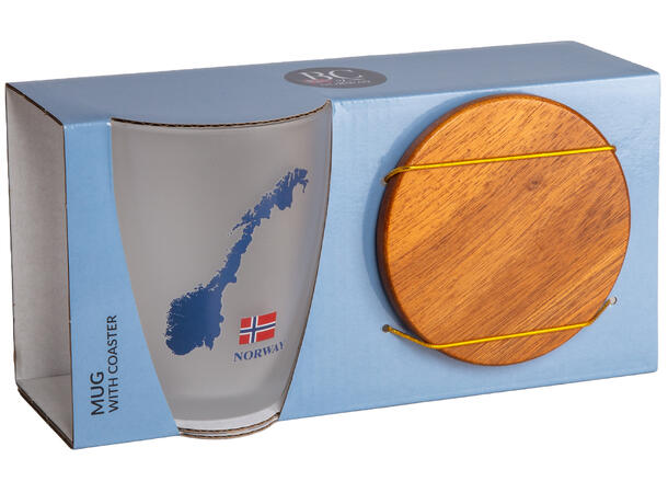 Krus frostet glass m/coaster Norge 10cm 12x9x10cm. Glassbrikke i bambustre 