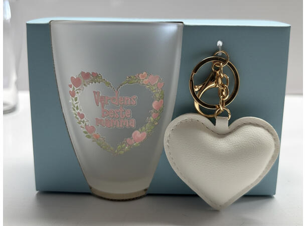 Krus frostet glass m/hjerte Verdens 10cm 12x9x10cm. Nøkkelring m/hjerte av PU 