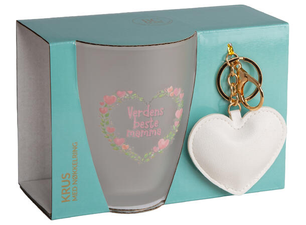 Krus frostet glass m/hjerte Verdens 10cm 12x9x10cm. Nøkkelring m/hjerte av PU 