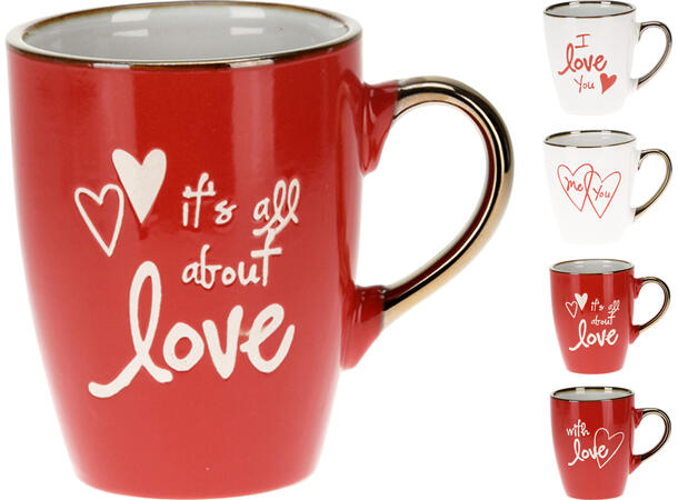 Krus ker. rød/hvit/gull tekst/hjerte 4as Volum: 305ml 8,3x12x10 5cm Vekt: 318gram 