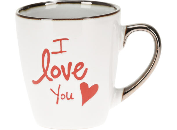 Krus ker. rød/hvit/gull tekst/hjerte 4as Volum: 305ml 8,3x12x10 5cm Vekt: 318gram 