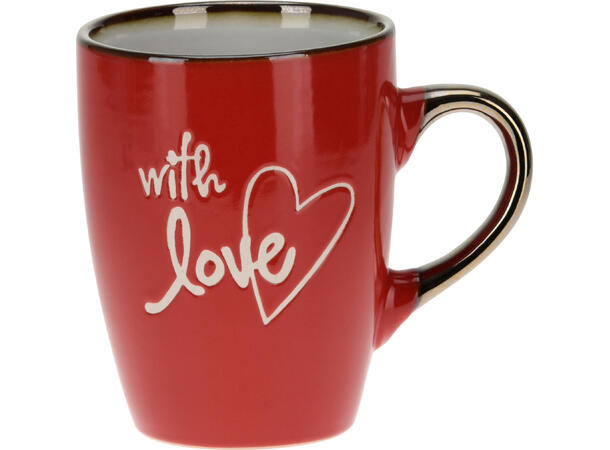Krus keramikk rød/hvit/gull tekst/hjerte Volum: 305ml 8,3x12x10 5cm Vekt: 318gram 