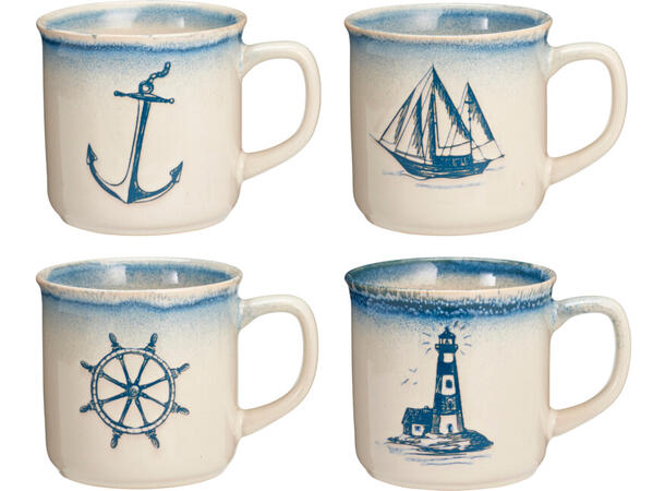 Krus maritim hvit m/blå 300ml 4ass Forpk 12stk 9x8cm 