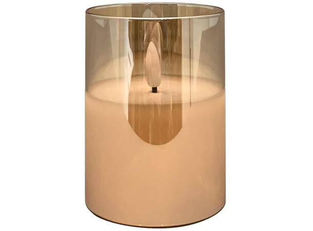 Kubbelys LED i amber glass 7,5x7,5x10cm Batteri: 2xAA. Timer 5t på/19t av 