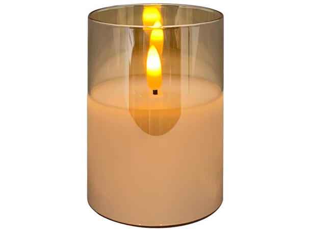Kubbelys LED i amber glass 7,5x7,5x10cm Batteri: 2xAA. Timer 5t på/19t av 